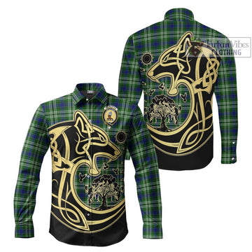 Haliburton Tartan Long Sleeve Button Shirt with Family Crest Celtic Wolf Style