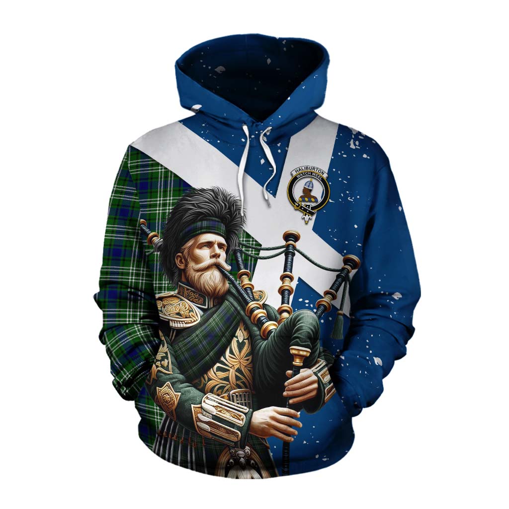 Tartan Vibes Clothing Haliburton Tartan Cotton Hoodie with Family Crest Scottish Bagpiper Vibes