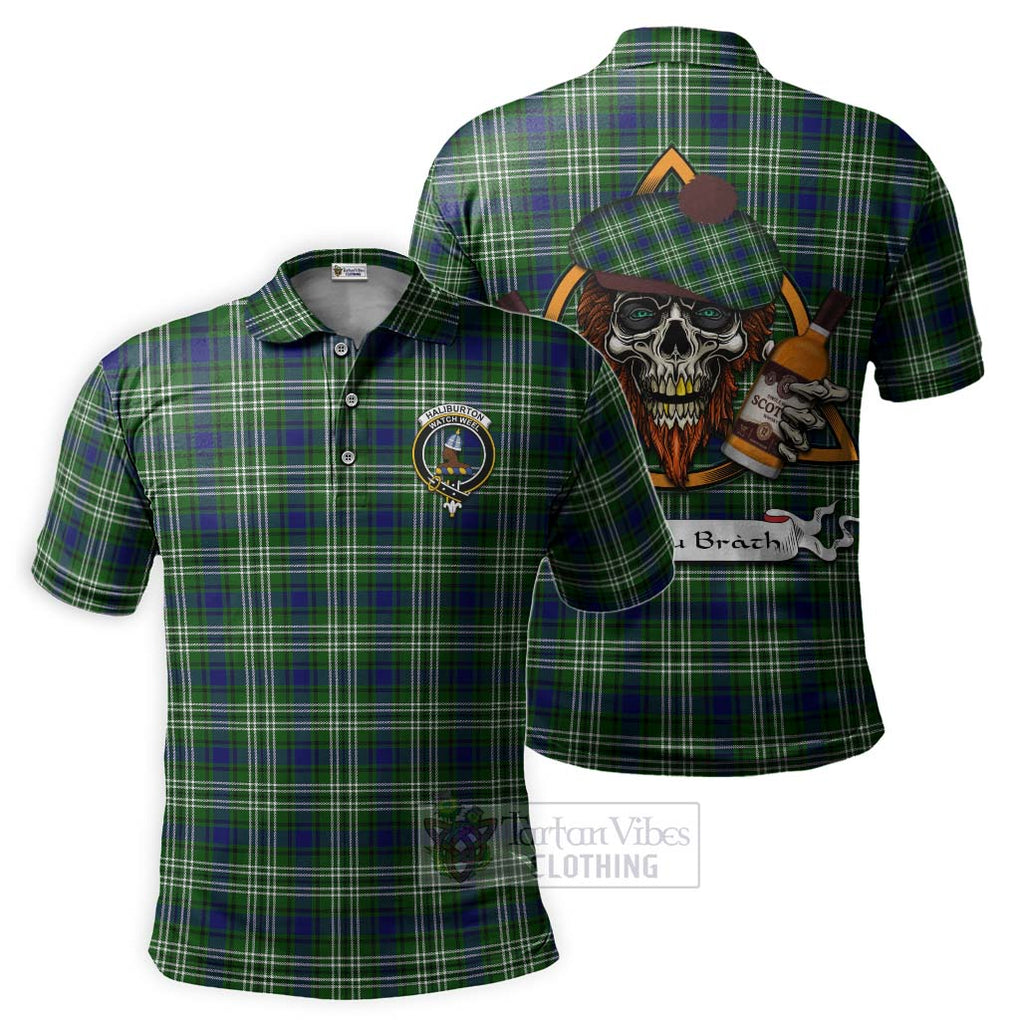 Tartan Vibes Clothing Haliburton Tartan Polo Shirt with Family Crest and Bearded Skull Holding Bottles of Whiskey