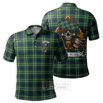 Haliburton Tartan Polo Shirt with Family Crest and Bearded Skull Holding Bottles of Whiskey