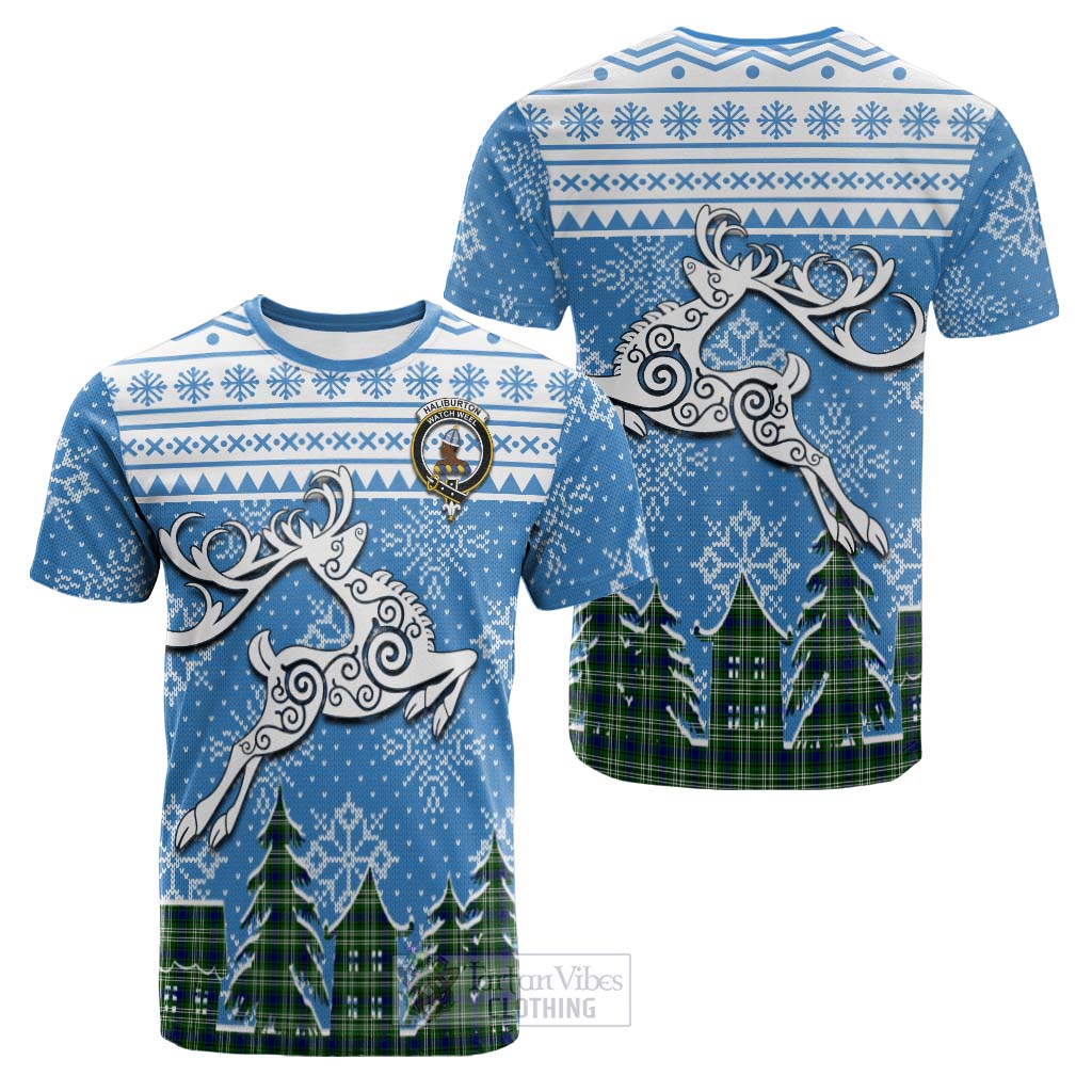 Tartan Vibes Clothing Haliburton Clan Christmas Cotton T-shirt Celtic Reindeer Style