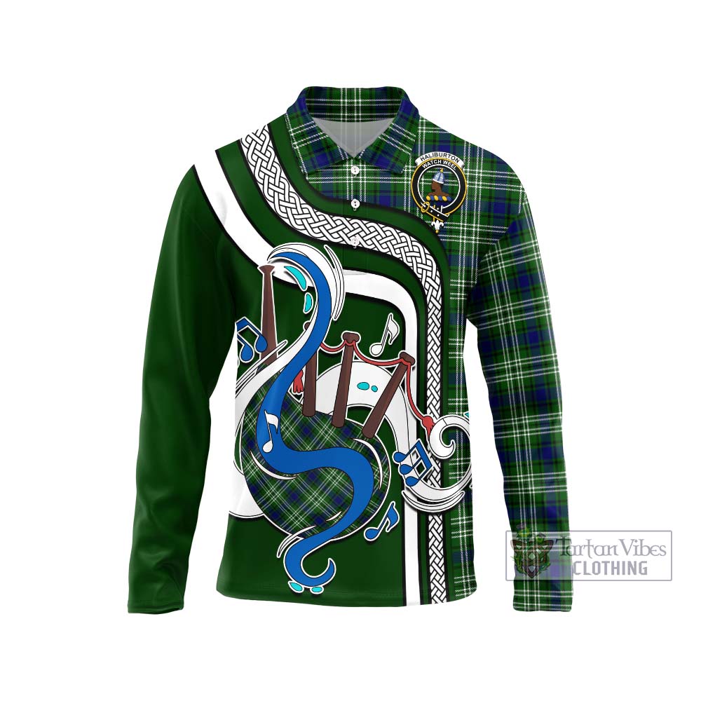 Tartan Vibes Clothing Haliburton Tartan Long Sleeve Polo Shirt with Epic Bagpipe Style