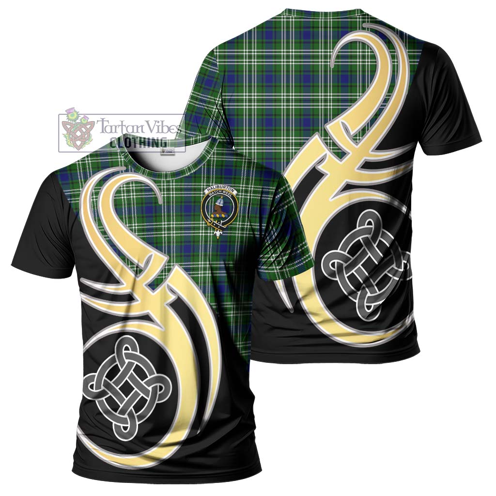 Tartan Vibes Clothing Haliburton Tartan T-Shirt with Family Crest and Celtic Symbol Style