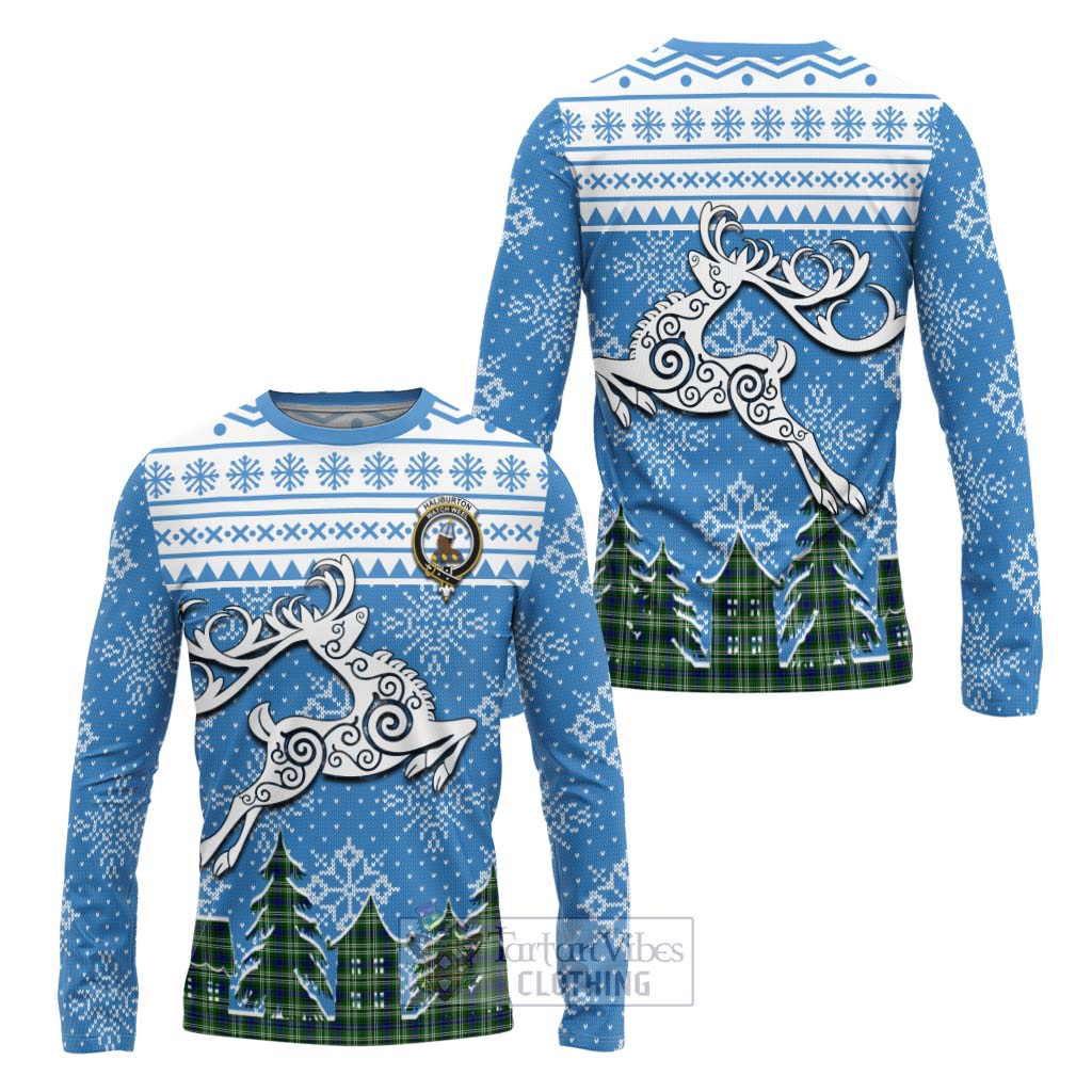 Tartan Vibes Clothing Haliburton Clan Christmas Long Sleeve T-Shirt Celtic Reindeer Style