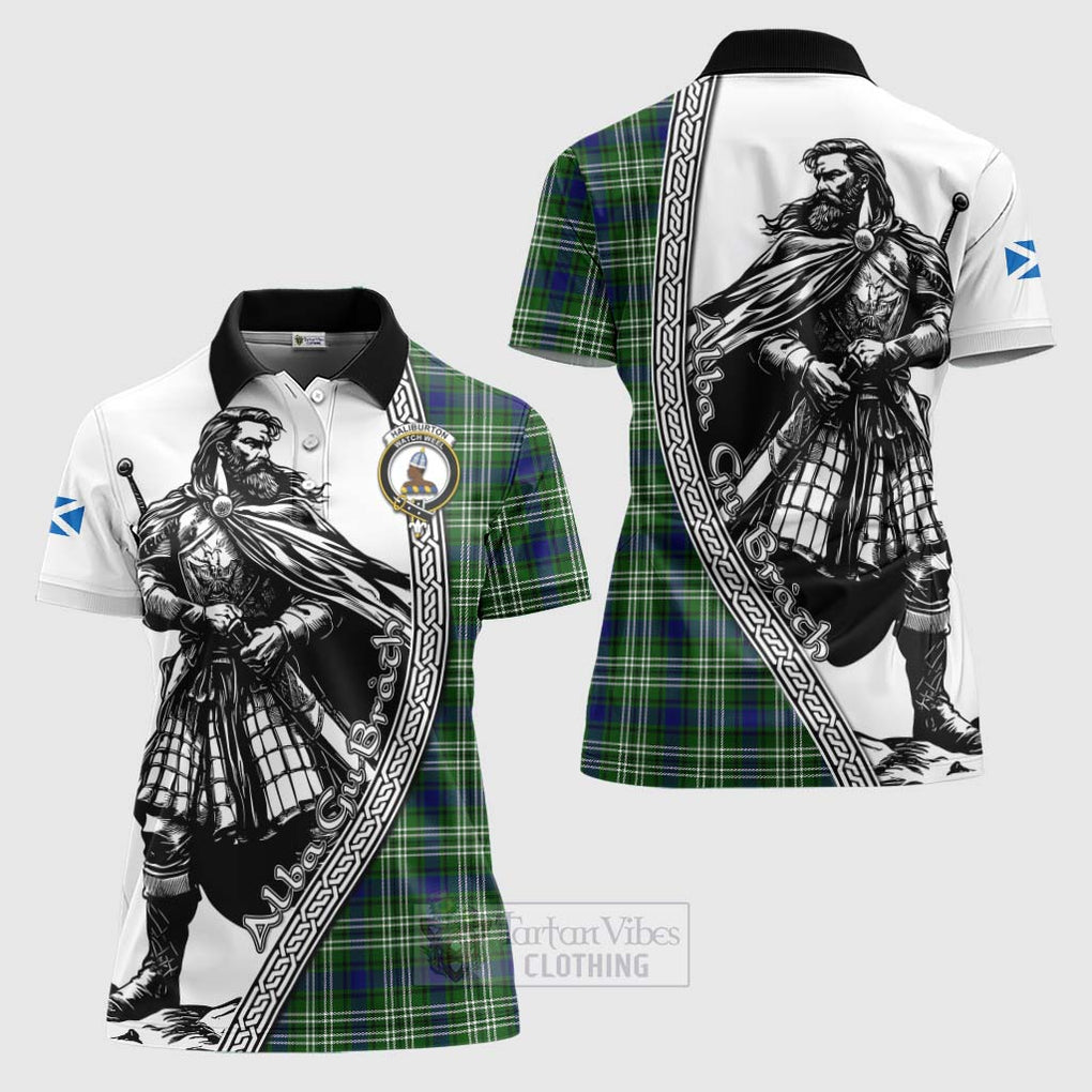 Tartan Vibes Clothing Haliburton Tartan Clan Crest Women's Polo Shirt with Highlander Warrior Celtic Style