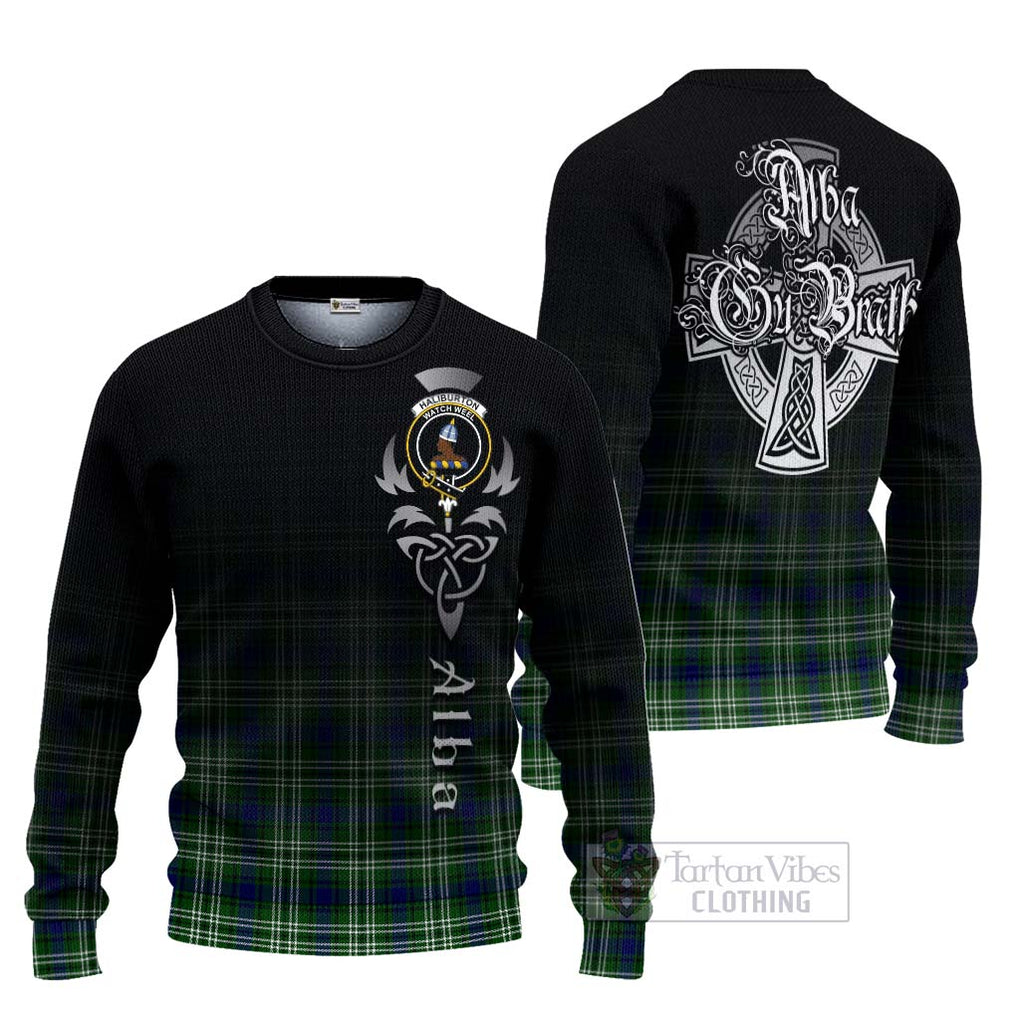 Tartan Vibes Clothing Haliburton Tartan Knitted Sweater Featuring Alba Gu Brath Family Crest Celtic Inspired