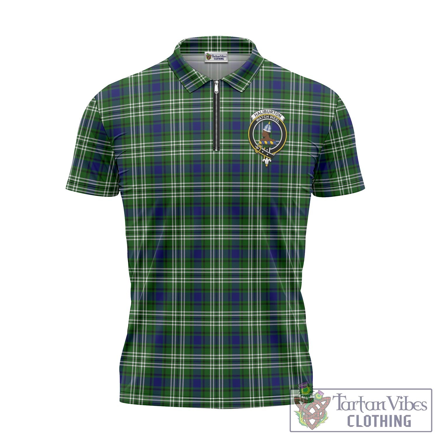 Tartan Vibes Clothing Haliburton Tartan Zipper Polo Shirt with Family Crest