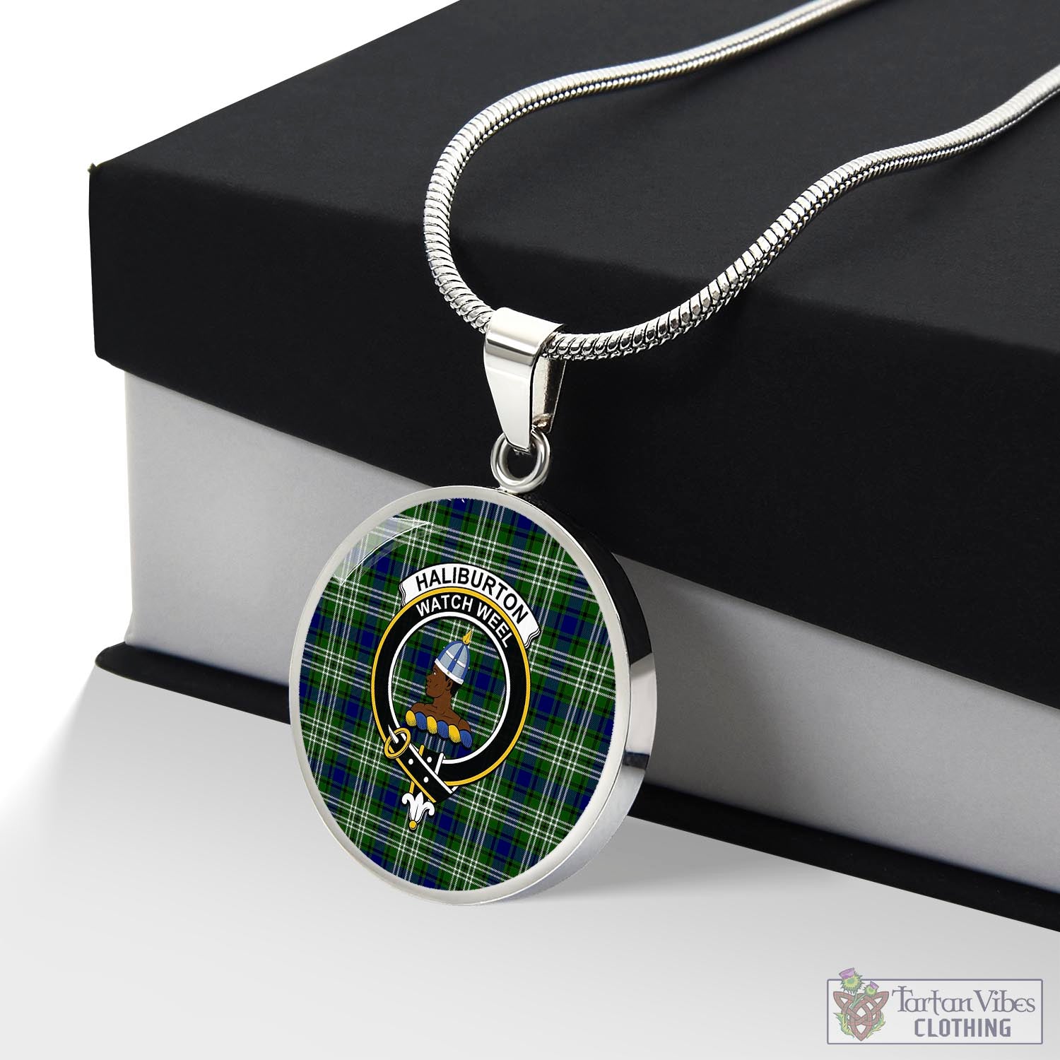 Tartan Vibes Clothing Haliburton Tartan Circle Necklace with Family Crest