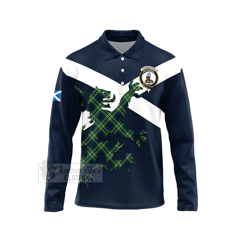 Tartan Vibes Clothing Haliburton Tartan Lion Rampant Long Sleeve Polo Shirt – Proudly Display Your Heritage with Alba Gu Brath and Clan Name