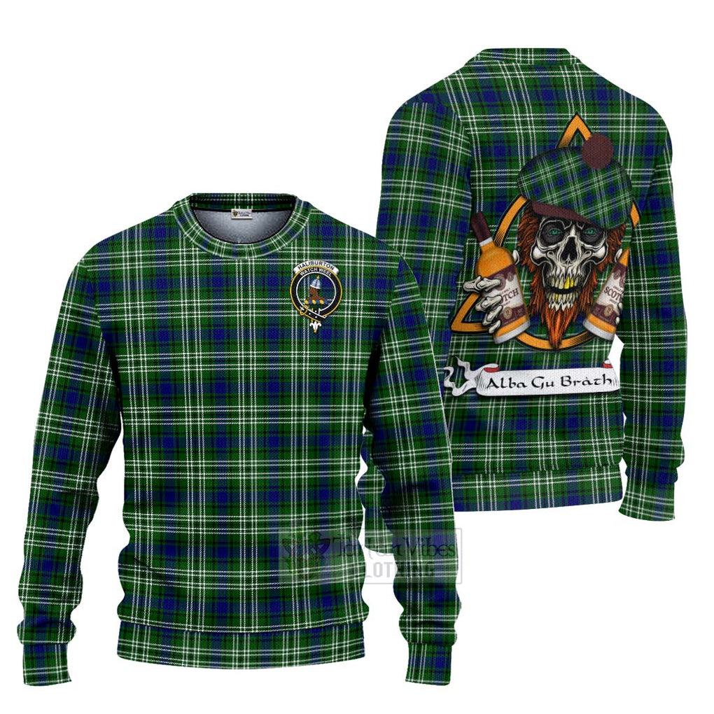 Tartan Vibes Clothing Haliburton Tartan Knitted Sweater with Family Crest and Bearded Skull Holding Bottles of Whiskey