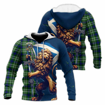 Haliburton Tartan Family Crest Knitted Hoodie with Scottish Majestic Lion