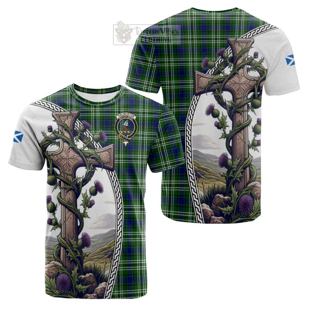 Tartan Vibes Clothing Haliburton Tartan Cotton T-shirt with Family Crest and St. Andrew's Cross Accented by Thistle Vines