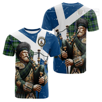 Haliburton Tartan Cotton T-shirt with Family Crest Scottish Bagpiper Vibes