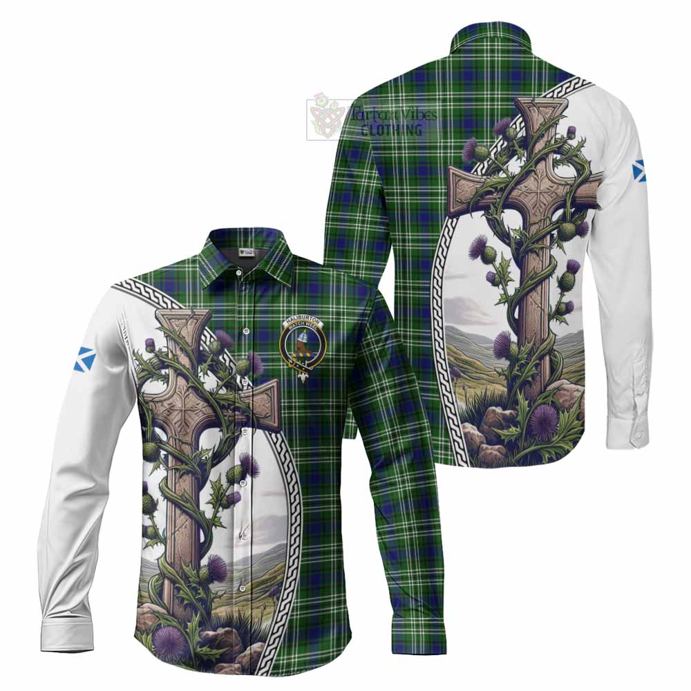 Tartan Vibes Clothing Haliburton Tartan Long Sleeve Button Shirt with Family Crest and St. Andrew's Cross Accented by Thistle Vines