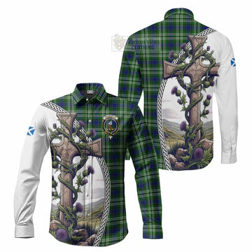 Haliburton Tartan Long Sleeve Button Shirt with Family Crest and St. Andrew's Cross Accented by Thistle Vines