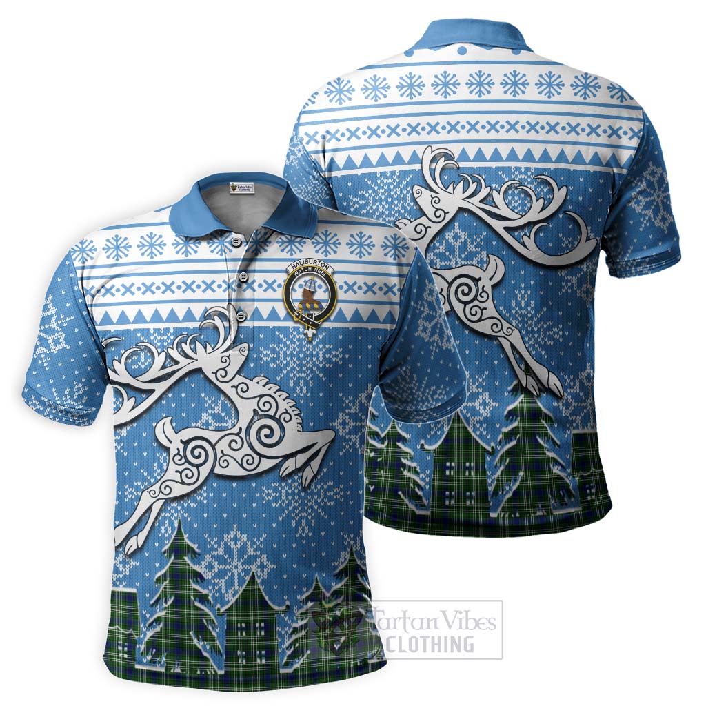 Tartan Vibes Clothing Haliburton Clan Christmas Polo Shirt Celtic Reindeer Style