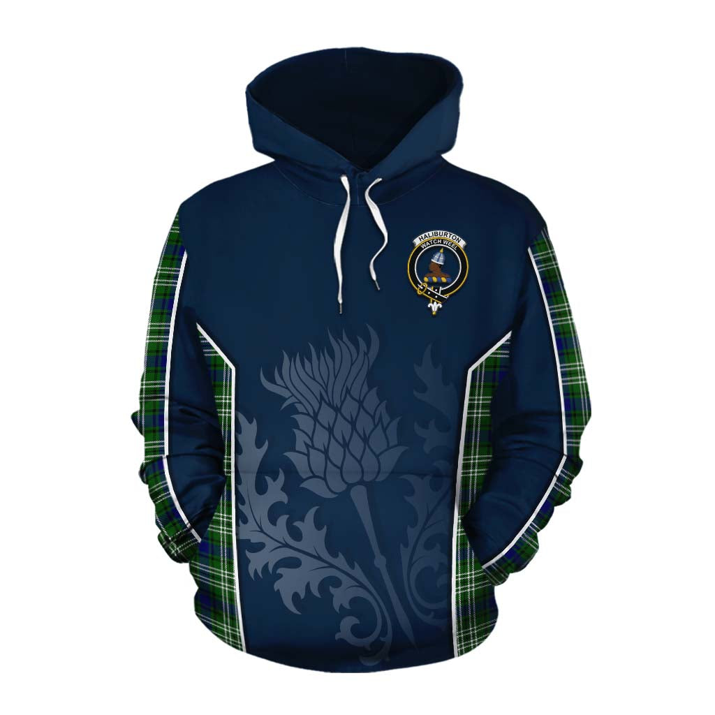 Tartan Vibes Clothing Haliburton Tartan Cotton Hoodie with Family Crest and Scottish Thistle Vibes Sport Style