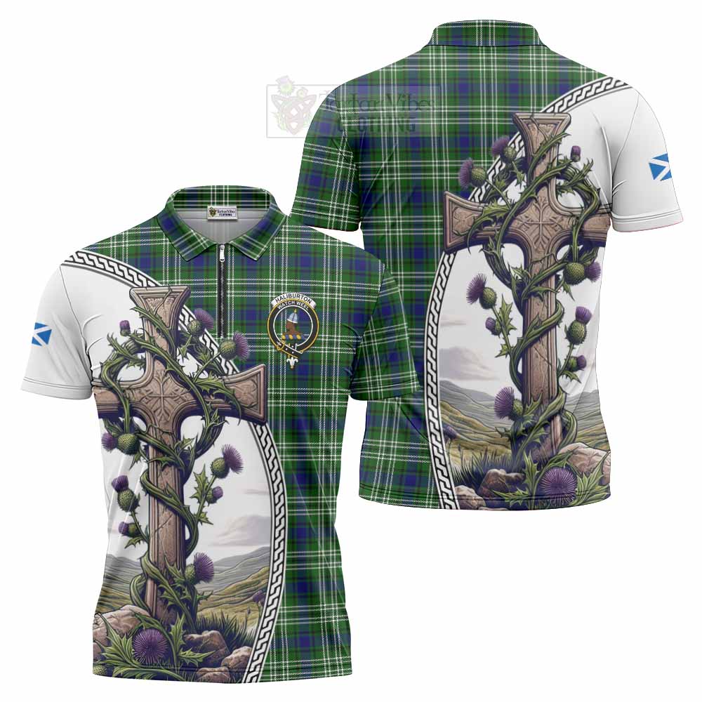 Tartan Vibes Clothing Haliburton Tartan Zipper Polo Shirt with Family Crest and St. Andrew's Cross Accented by Thistle Vines