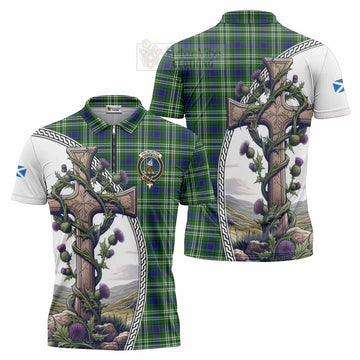 Haliburton Tartan Zipper Polo Shirt with Family Crest and St. Andrew's Cross Accented by Thistle Vines