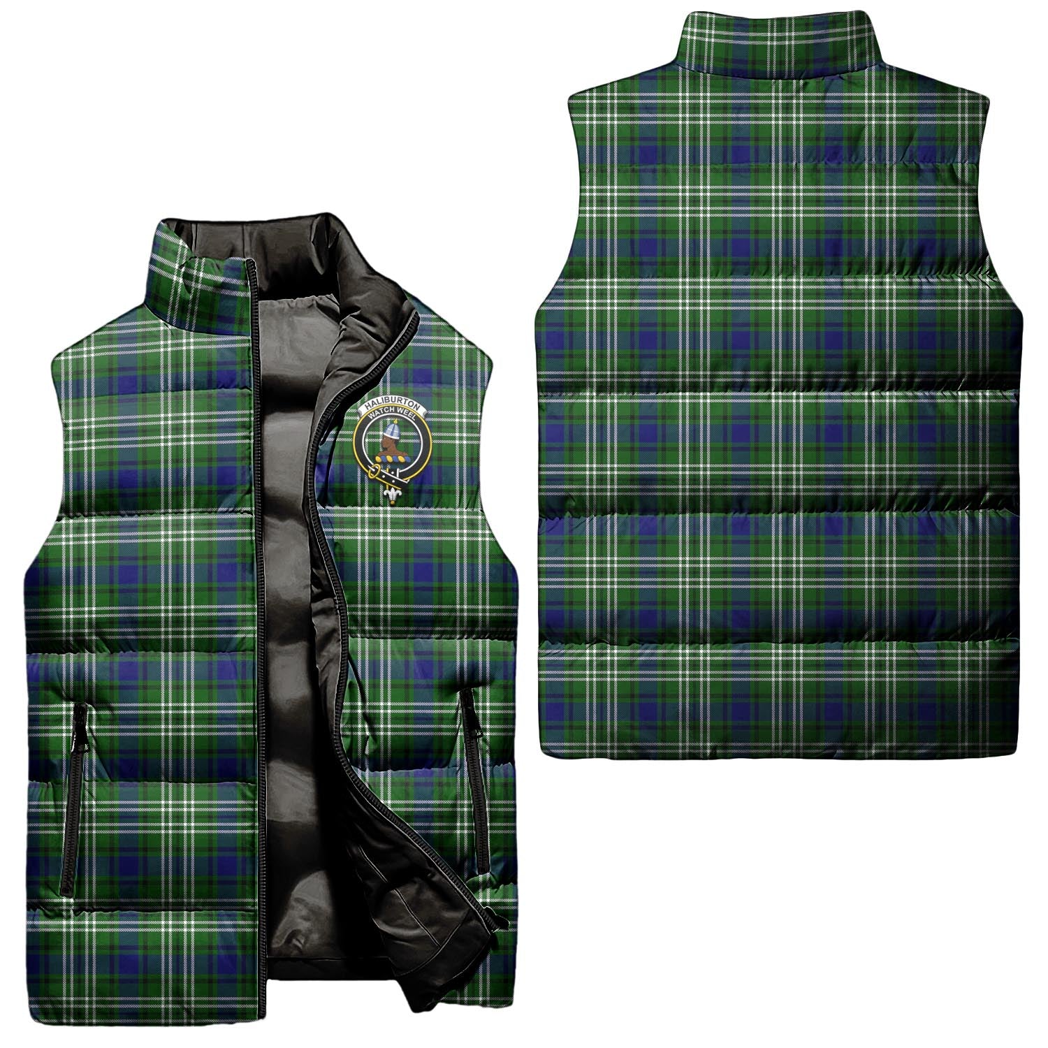 Haliburton Tartan Sleeveless Puffer Jacket with Family Crest Unisex - Tartanvibesclothing