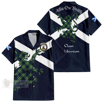 Haliburton Tartan Lion Rampant Short Sleeve Button Shirt  Proudly Display Your Heritage with Alba Gu Brath and Clan Name