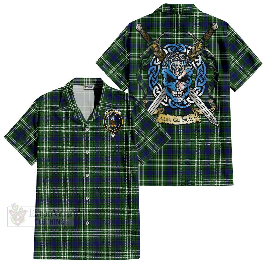 Tartan Vibes Clothing Haliburton Tartan Short Sleeve Button Shirt with Family Crest Celtic Skull Style