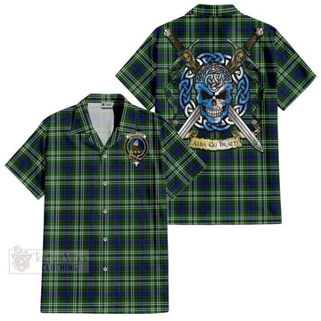 Haliburton Tartan Short Sleeve Button Shirt with Family Crest Celtic Skull Style