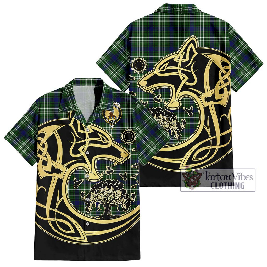 Haliburton Tartan Short Sleeve Button Shirt with Family Crest Celtic Wolf Style Kid - Tartan Vibes Clothing