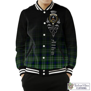 Haliburton Tartan Baseball Jacket Featuring Alba Gu Brath Family Crest Celtic Inspired