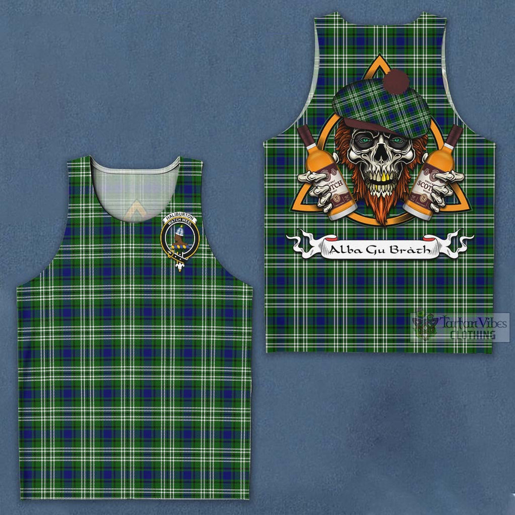 Tartan Vibes Clothing Haliburton Tartan Men's Tank Top with Family Crest and Bearded Skull Holding Bottles of Whiskey