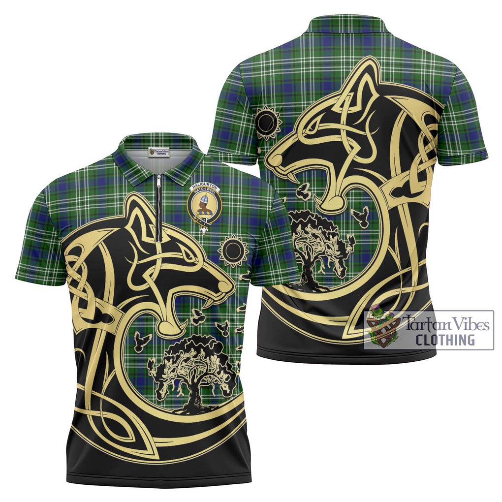 Haliburton Tartan Zipper Polo Shirt with Family Crest Celtic Wolf Style Unisex - Tartanvibesclothing Shop