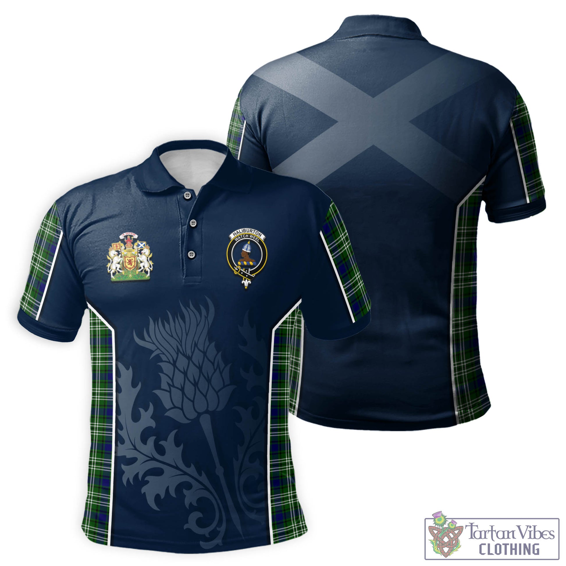 Tartan Vibes Clothing Haliburton Tartan Men's Polo Shirt with Family Crest and Scottish Thistle Vibes Sport Style