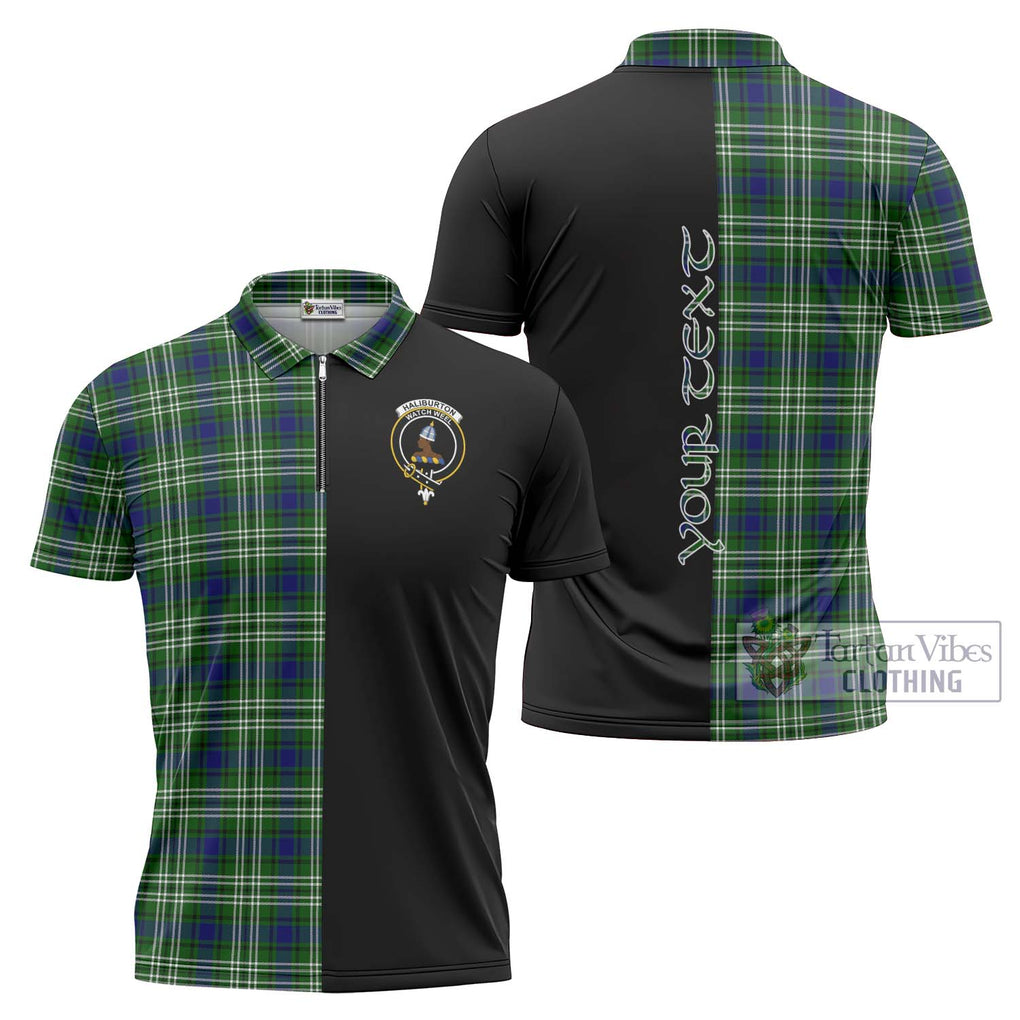 Haliburton Tartan Zipper Polo Shirt with Family Crest and Half Of Me Style Unisex - Tartanvibesclothing Shop