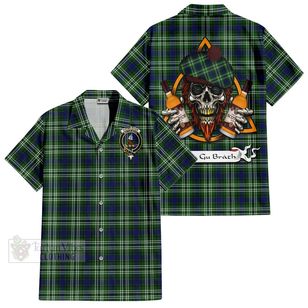 Tartan Vibes Clothing Haliburton Tartan Short Sleeve Button Shirt with Family Crest and Bearded Skull Holding Bottles of Whiskey