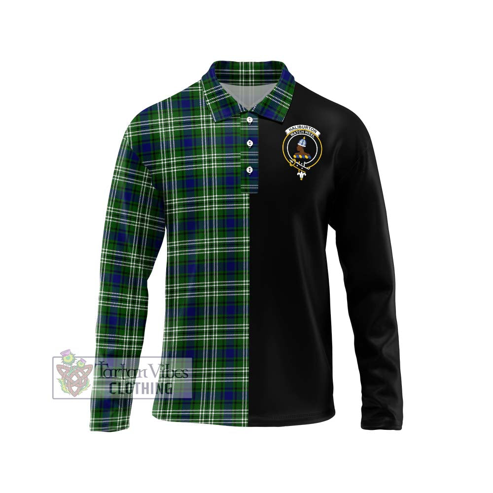 Haliburton Tartan Long Sleeve Polo Shirt with Family Crest and Half Of Me Style Unisex - Tartanvibesclothing Shop