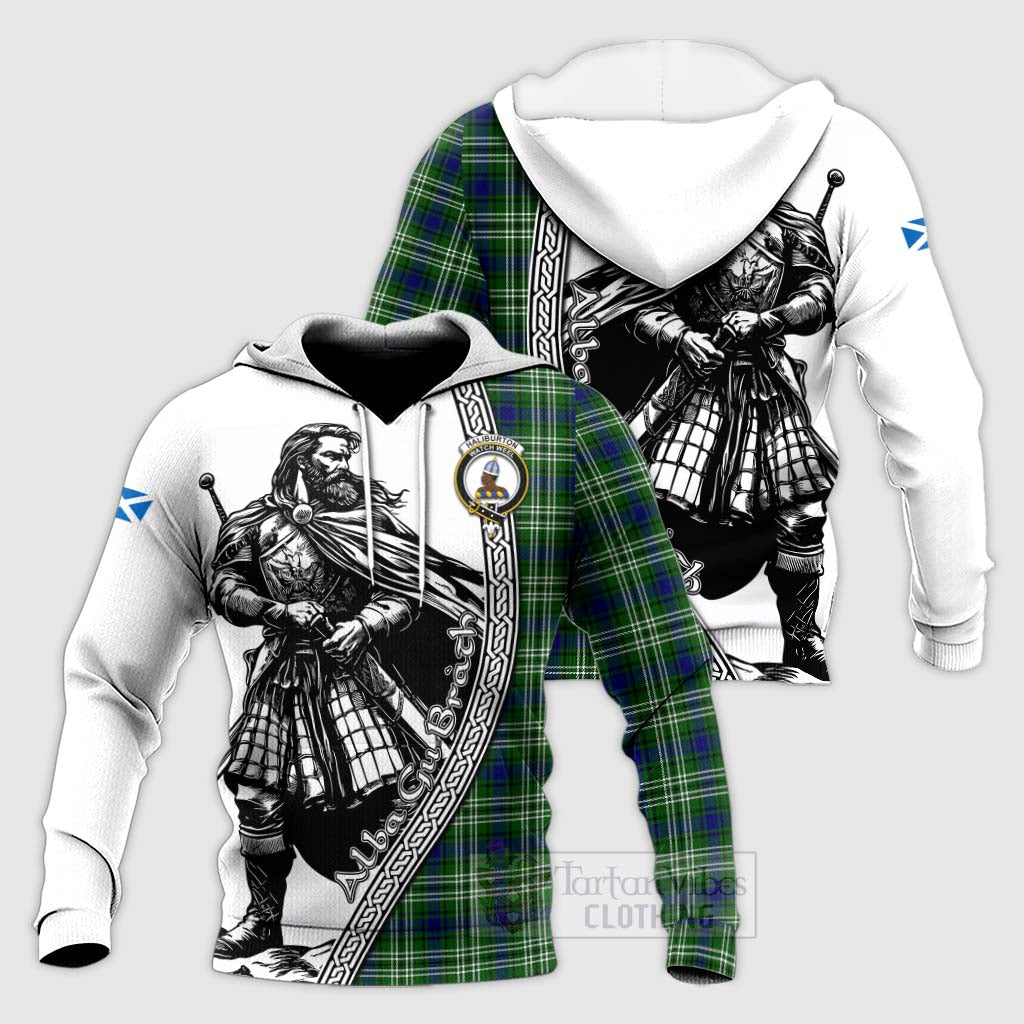 Tartan Vibes Clothing Haliburton Tartan Clan Crest Knitted Hoodie with Highlander Warrior Celtic Style