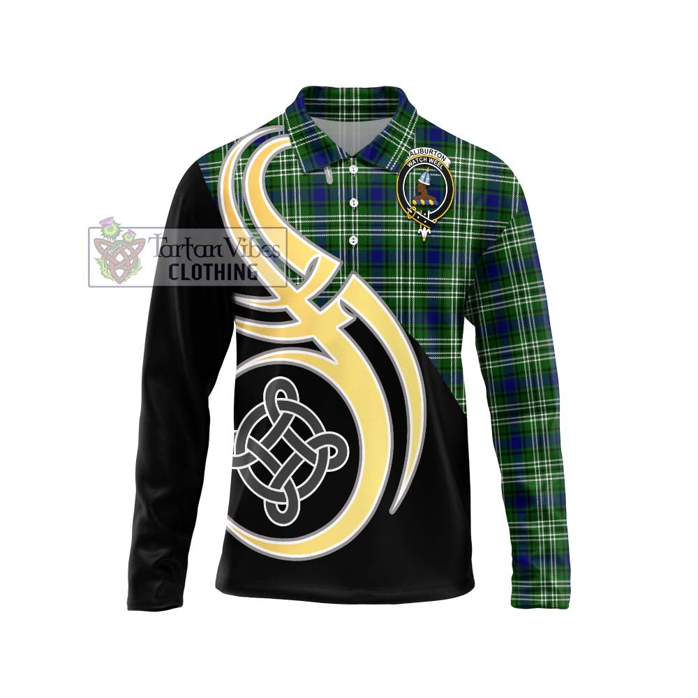 Haliburton Tartan Long Sleeve Polo Shirt with Family Crest and Celtic Symbol Style Unisex - Tartan Vibes Clothing