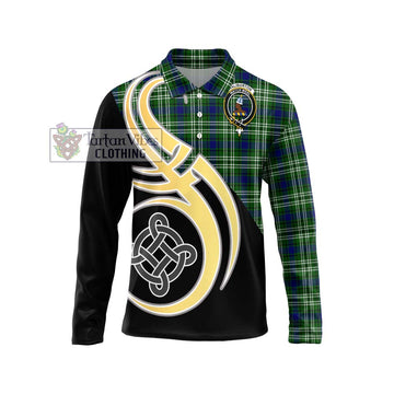 Haliburton Tartan Long Sleeve Polo Shirt with Family Crest and Celtic Symbol Style