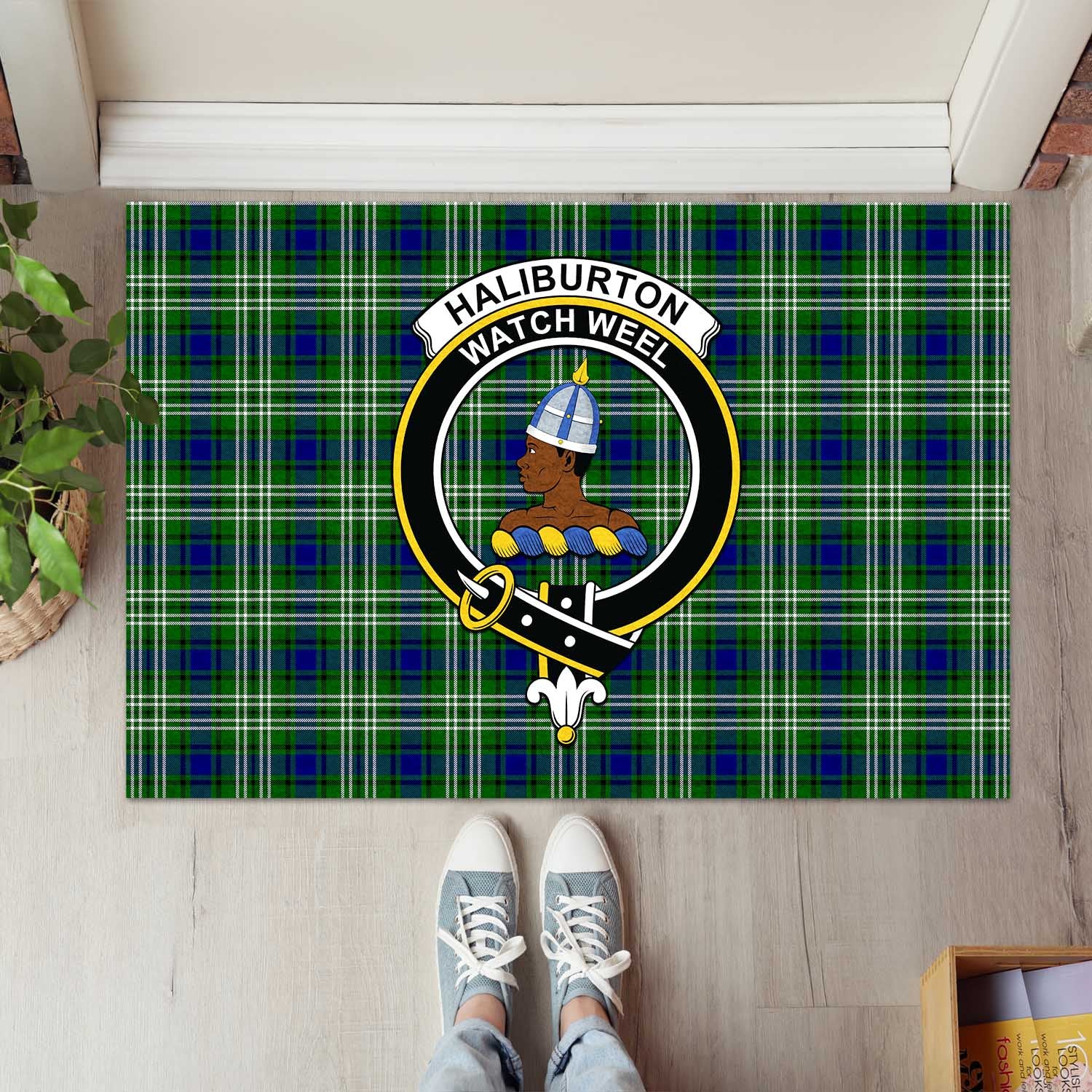 Haliburton Tartan Door Mat with Family Crest - Tartanvibesclothing