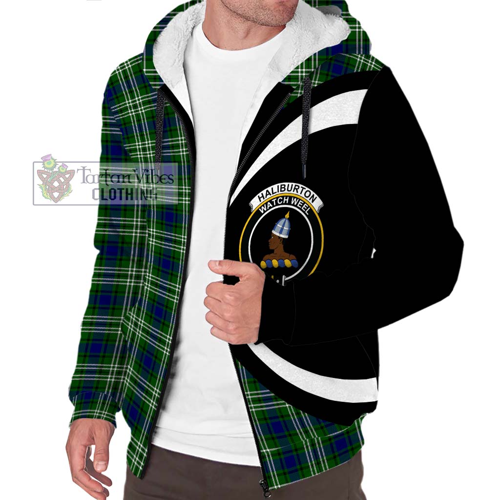 Haliburton Tartan Sherpa Hoodie with Family Crest Circle Style Unisex S - Tartan Vibes Clothing