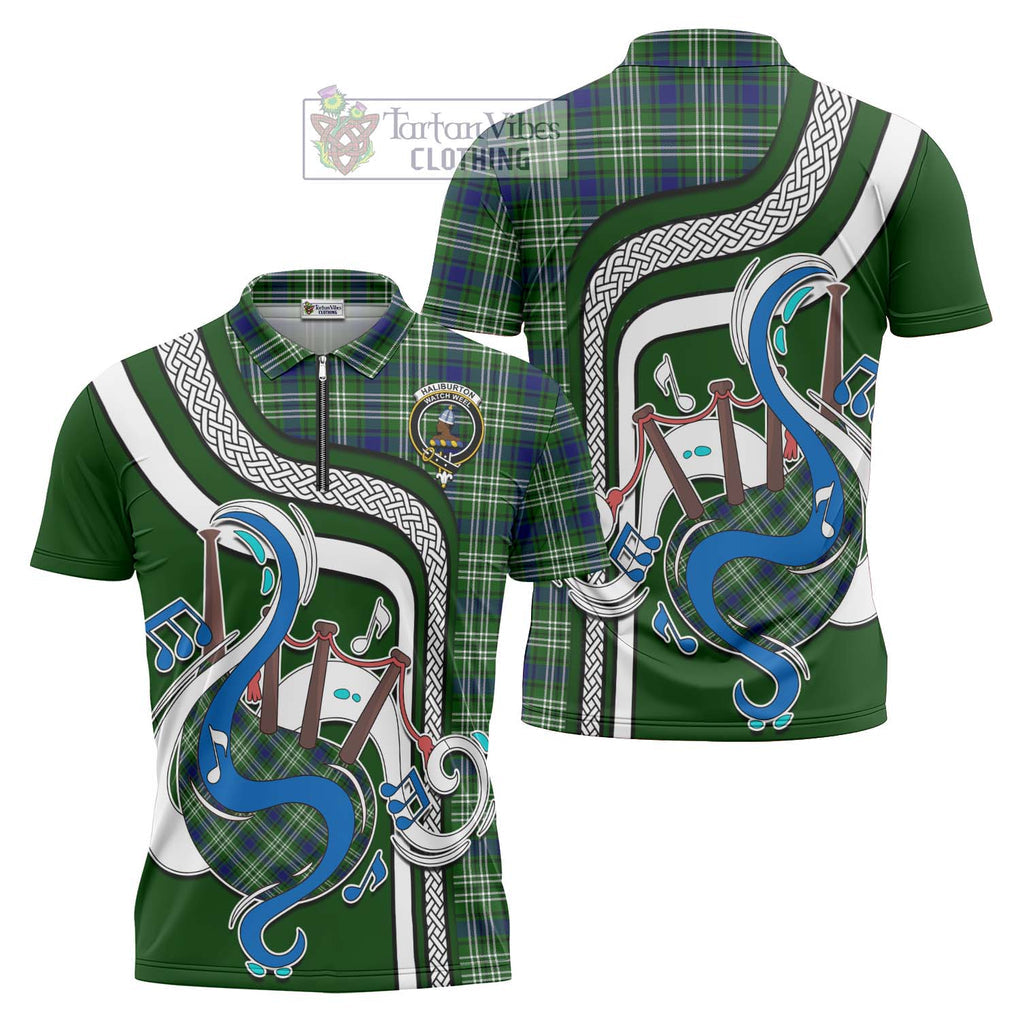 Haliburton Tartan Zipper Polo Shirt with Epic Bagpipe Style Unisex - Tartanvibesclothing Shop