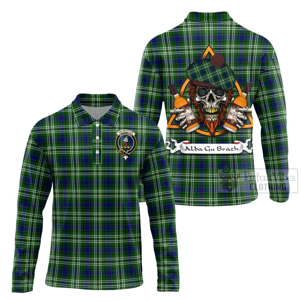 Tartan Vibes Clothing Haliburton Tartan Long Sleeve Polo Shirt with Family Crest and Bearded Skull Holding Bottles of Whiskey