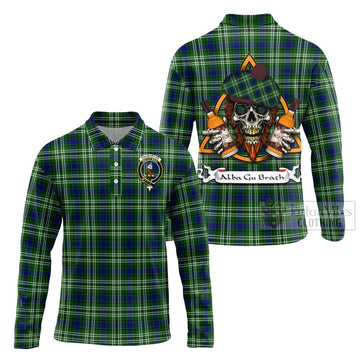 Haliburton Tartan Long Sleeve Polo Shirt with Family Crest and Bearded Skull Holding Bottles of Whiskey