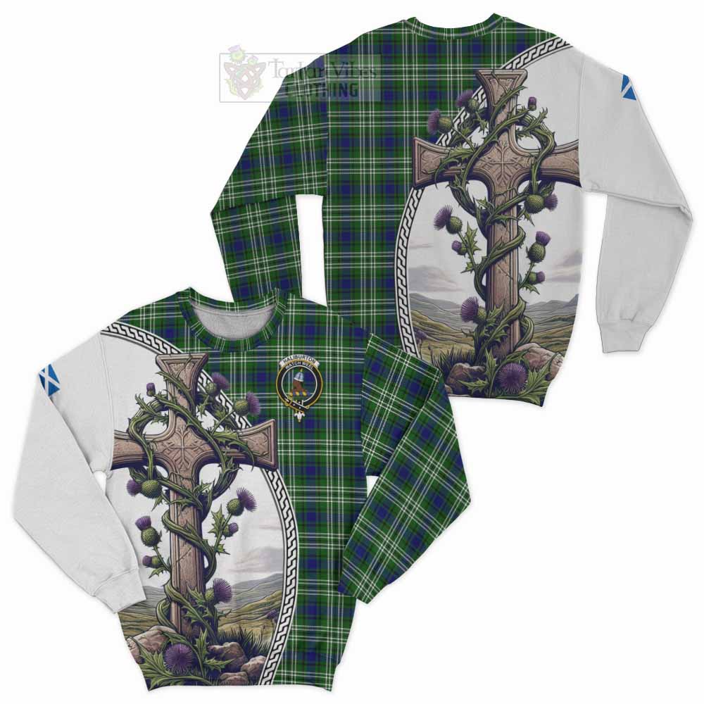 Tartan Vibes Clothing Haliburton Tartan Sweatshirt with Family Crest and St. Andrew's Cross Accented by Thistle Vines