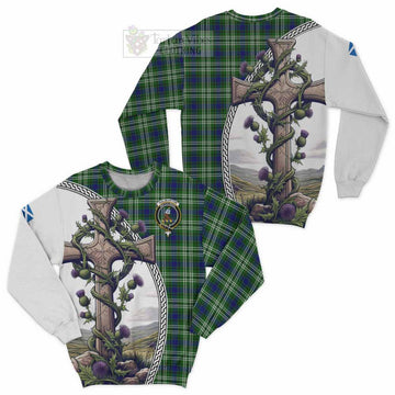 Haliburton Tartan Sweatshirt with Family Crest and St. Andrew's Cross Accented by Thistle Vines