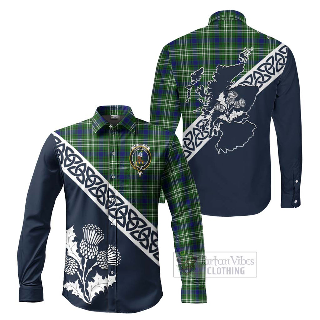 Haliburton Tartan Long Sleeve Button Shirt Featuring Thistle and Scotland Map Men's Shirt S - Tartan Vibes Clothing