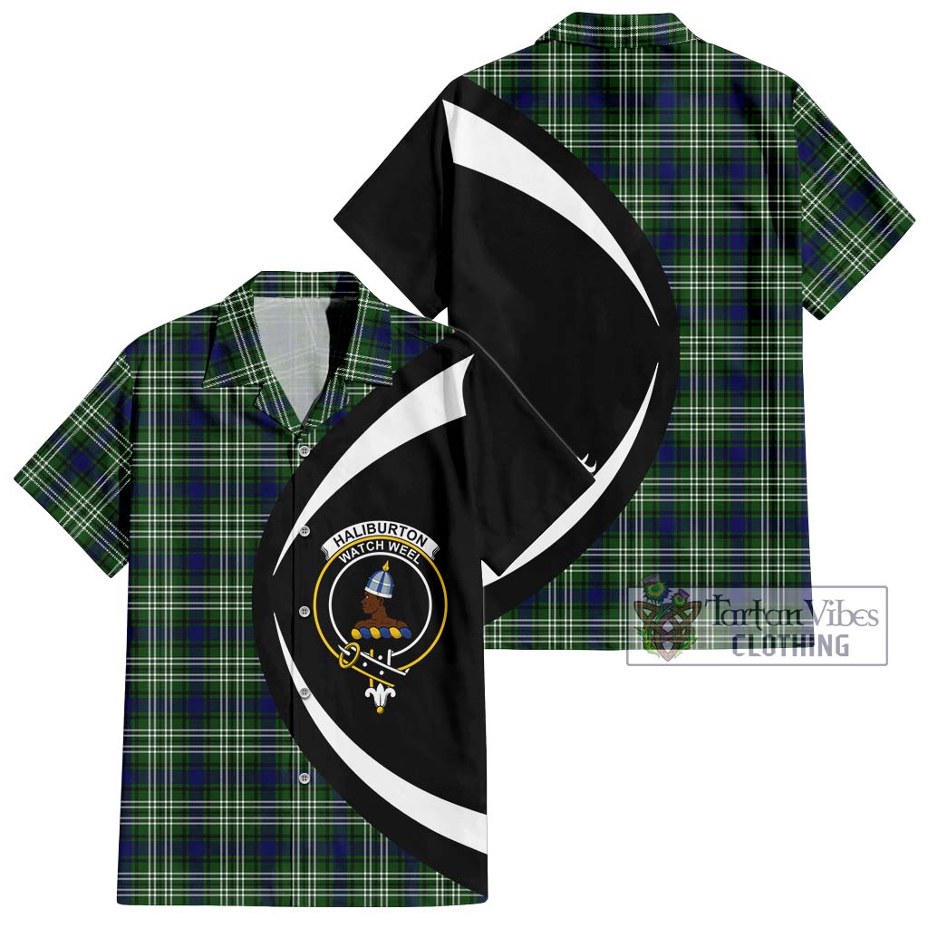 Haliburton Tartan Short Sleeve Button Up with Family Crest Circle Style Kid - Tartan Vibes Clothing