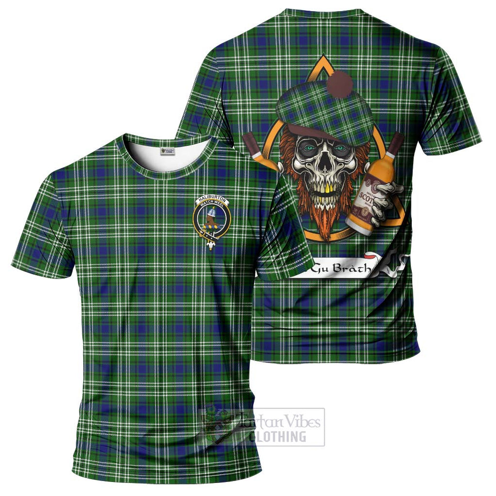 Tartan Vibes Clothing Haliburton Tartan T-Shirt with Family Crest and Bearded Skull Holding Bottles of Whiskey