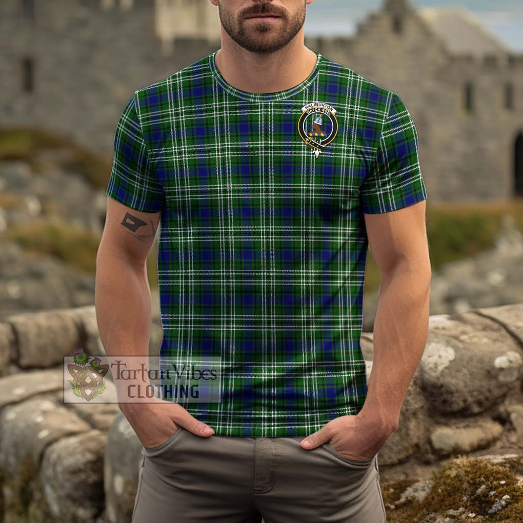 Haliburton Tartan Cotton T-Shirt with Family Crest Men's Shirt - Tartanvibesclothing Shop