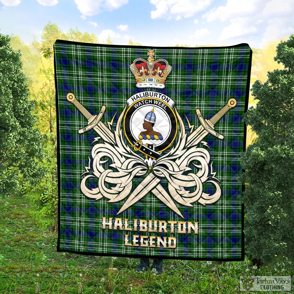 Tartan Vibes Clothing Haliburton Tartan Quilt with Clan Crest and the Golden Sword of Courageous Legacy